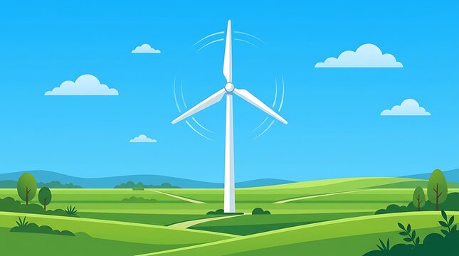 Wind turbine spinning in green rolling hills for renewable energy