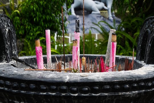 Traditional incense sticks and large burning pink joss sticks in a black stone ritual burner pot in a temple garden