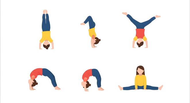 Illustration of six women performing various yoga poses against a white background with vibrant colors.