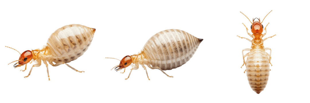 Queen termite no shadow, Reticulitermes flavipes, Rhinotermitidae family, physogastric female flat catalog backdrop presentation, zero cast shadow under abdominal bulge outline framework