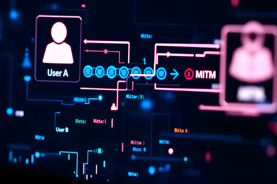 Digital representation of a Man-in-the-Middle (MITM) attack, showing data flow from User A intercepted by a malicious entity.
