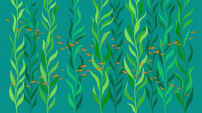 Tiny orange fish swimming through green seaweed in turquoise water