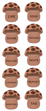 Set of Cute Brown Mushroom Social Media Buttons with Transparent Background, Cozy Fantasy Cartoon Interface Collection, Glossy Forest Style Mobile App UI Icons for Like Share Follow Comment 