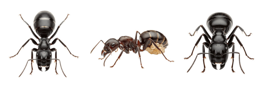 Queen army ant, Eciton burchellii, Formicidae family, dichthadiigyne wingless reproductive female architecture, falcate mandibles, nomadic bivouac cluster lifecycle tracking vector map chart
