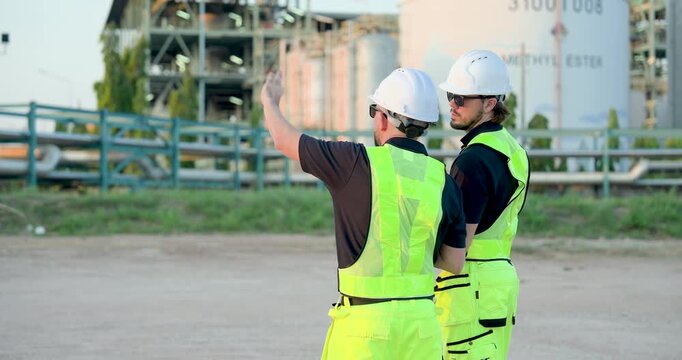 Two refinery workers coordinate operational review beside petrochemical facility while discussing inspection procedure and maintenance workflow during industrial field supervision