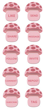 Set of Cute Pink Glitter Mushroom Social Media Buttons with Transparent Background, Sparkling Kawaii Fantasy Cartoon Interface Collection, Glossy Magical Mobile App UI Icons for Content Creator 