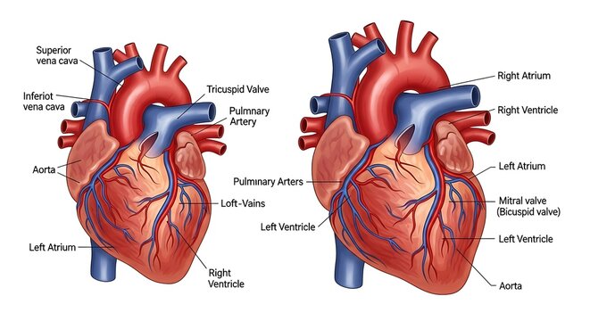 Detailed anatomical diagram of the human heart with labels.