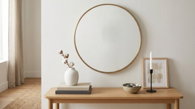 A minimalist living room with a wooden console table, a round mirror, and a few decorative items.