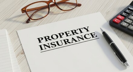 Fototapeta premium Property Insurance Document on a Wooden Desk with Eyeglasses and Pen