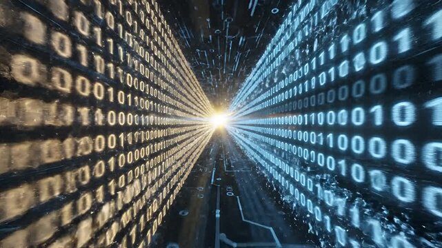 Abstract digital tunnel of binary code flowing into infinity.