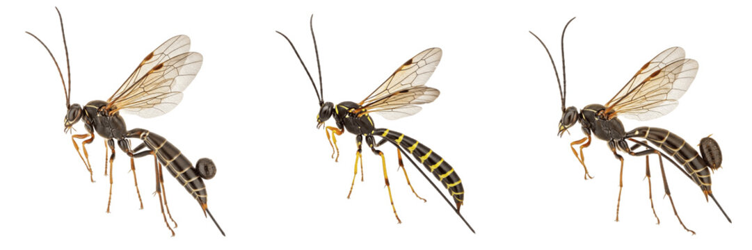 Queen ichneumon wasp, Ophion luteus, Ichneumonidae family, parasitic hymenoptera nocturnal female flight line, elongated curved gastral segments, caterpillar parasitoid biological control map