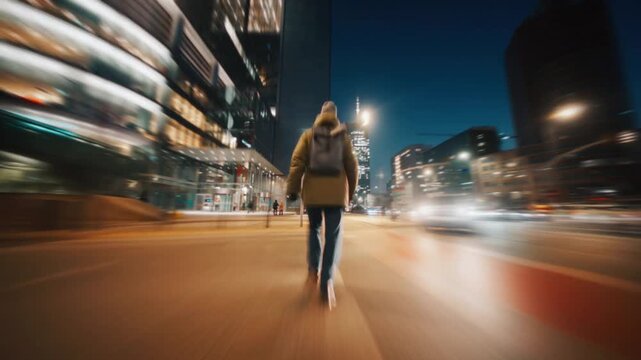 Young Man Walking Alone On Modern City Street At Night