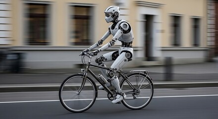 Naklejka premium Statue of a man riding a bicycle in a city.