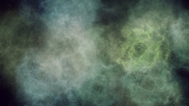 Intricate green and gray abstract smoke with glowing patterns and complex texture. Dynamic cosmic cloud formation.