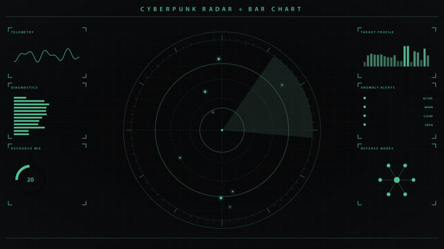 Cyberpunk radar and bar chart interface with digital data visualization vector illustration