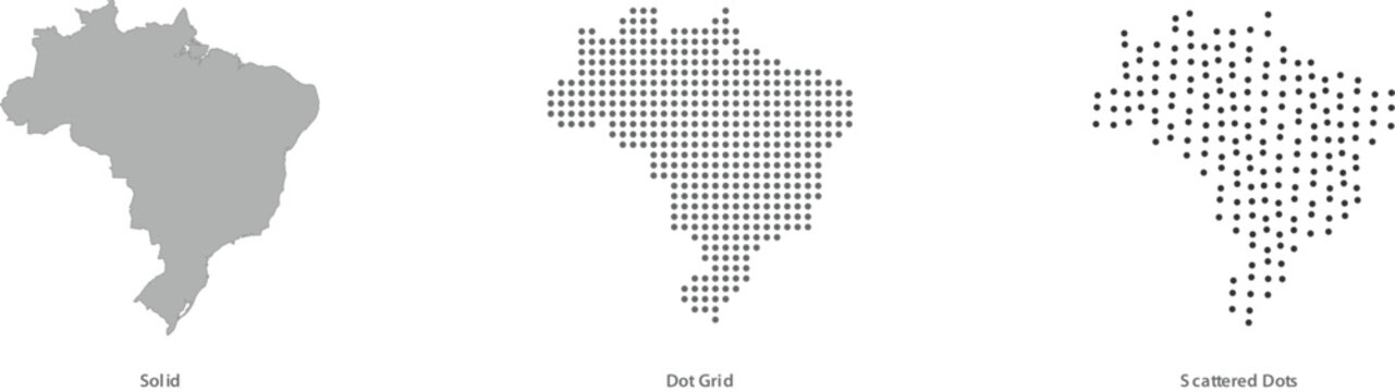 Set of brazil map styles including solid, dot grid, and scattered dots design vector illustration