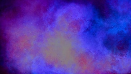Naklejka premium Vibrant deep blue and purple nebula with warm orange and yellow glowing center. Dramatic swirling clouds and rich color contrast create a powerful and energetic cosmic scene