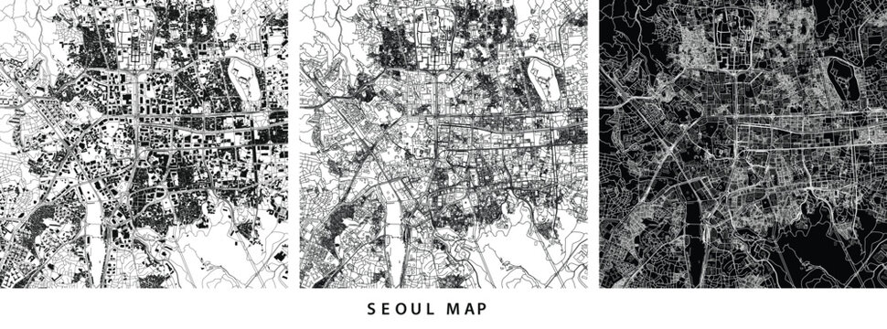Abstract map of seoul city, south korea, urban street network and layout vector illustration