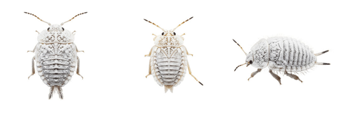 Queen mealybug, Pseudococcus longispinus, Pseudococcidae family, long-tailed mealybug reproductive female, white powdery wax filaments fringe coat, horticulture plant phloem feeding tracking index
