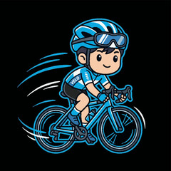 Fototapeta premium Cartoon cyclist riding a blue road bike at high speed.