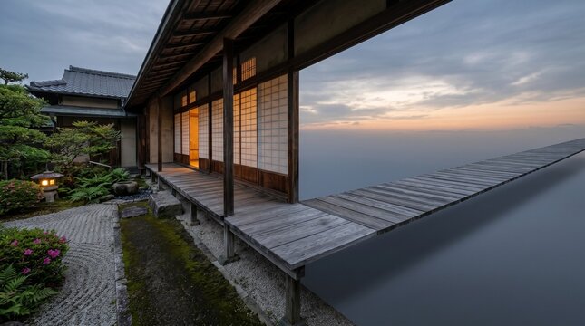 Surrealism. Traditional Japanese engawa veranda extending beyond garden into open sky, impossible wooden boards floating, concept of infinite space and architecture
