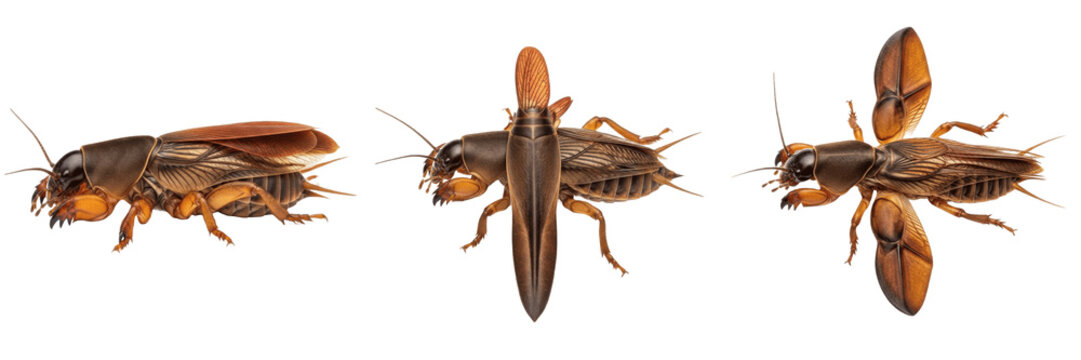 Queen mole cricket reproductive female, Gryllotalpa gryllotalpa, Gryllotalpidae family, fossorial foreleg digging blades profile, egg chamber soil nest architecture, turf grass root borer index
