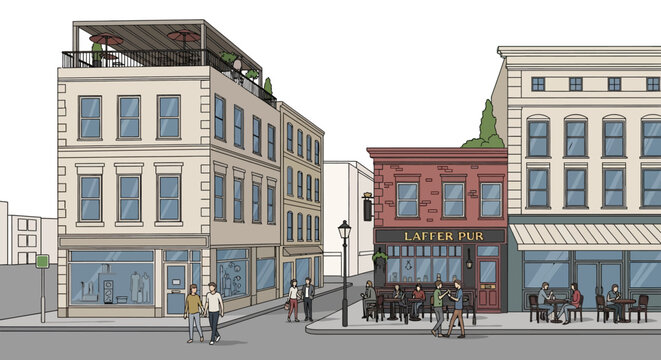 Urban street scene with people at outdoor cafes and shops