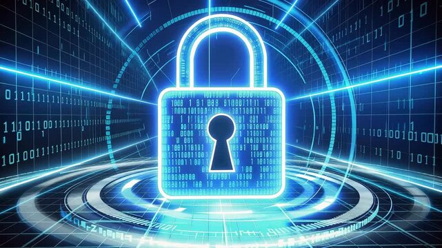 Digital Security Lock: A glowing blue padlock icon, symbolizing digital security and data protection, is set against a futuristic backdrop of binary code and concentric digital rings.