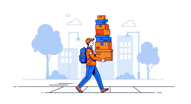 Delivery man carrying stack of packages on city street, urban logistics concept