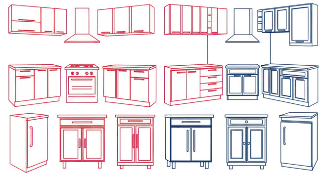 Kitchen Cabinet Set Collection - Wireframe Design Vector Icons