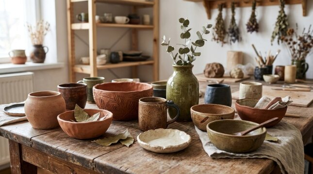 A rustic pottery workshop with various clay bowls and pots on a wooden table, surrounded by shelves and hanging plants, with a window in the background.