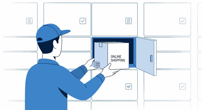Delivery man placing online shopping box into smart locker for package pickup