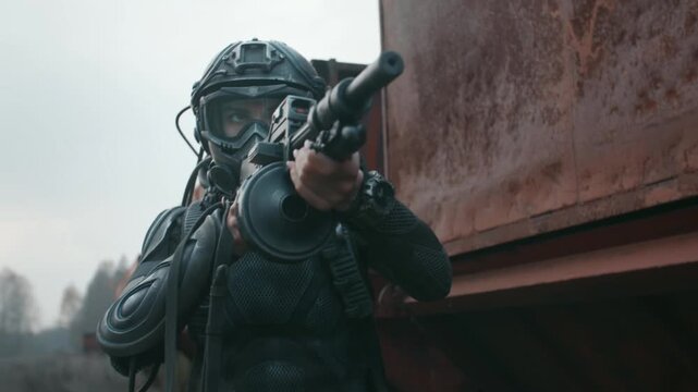 Futuristic Female Cyborg Soldier Moving Through Battle Smoke