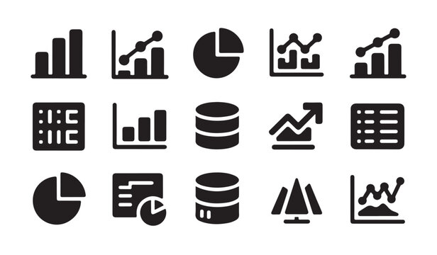 Database and chart icon collection for software interface and information management system.