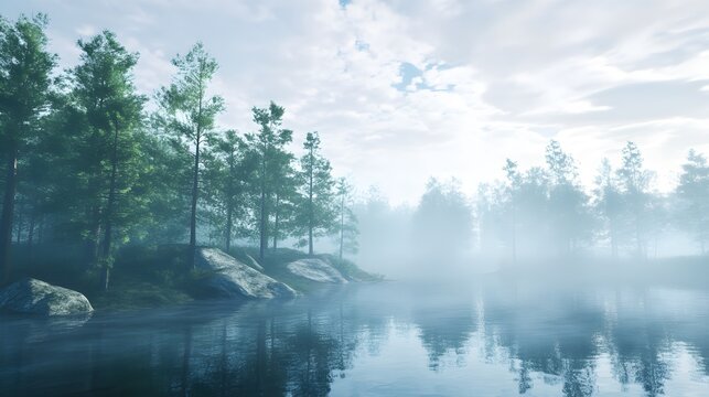 Misty lake scene with pine trees and rocky shore rocks