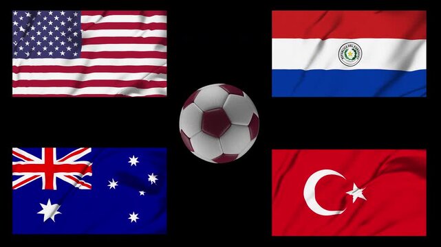 A football soccer competition group containing flags USA, Paraguay, Australia, Turkiye, on Alpha transparent background