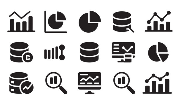 Business data analysis icon set featuring various charts graphs and database symbols design.