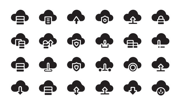 Cloud storage icon set, network cloud computing, data synchronization, security and protection icons.