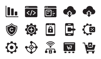 Fototapeta premium Digital technology and development icons featuring coding cloud transfer and security symbols.