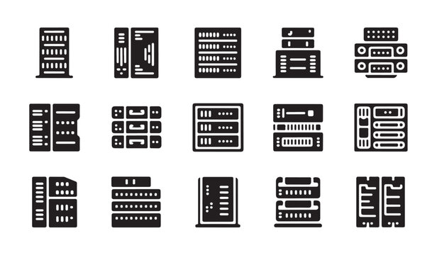 Professional server rack and datacenter hardware solid icon collection for network engineers.