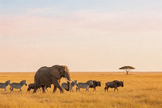 Elephant zebra and wildebeest in savanna