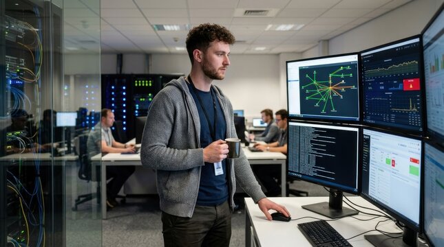 A man in a grey hoodie and blue shirt, standing in a server room with multiple computer monitors displaying data and graphs, holding a coffee mug.