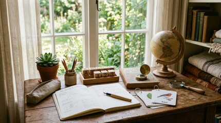 Fototapeta premium A wooden desk with a globe, books, and a plant in front of a window with greenery outside.