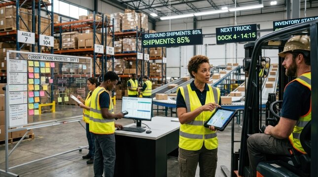 A busy warehouse with workers in yellow vests, a forklift, and various signs and posters.