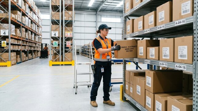 A worker in a warehouse, scanning a box with a barcode scanner.