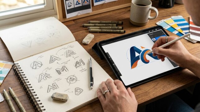 A person drawing a logo on an iPad with a sketchbook and various tools on a desk.
