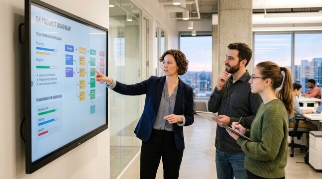 Three people in a modern office, discussing a project roadmap on a large digital display.