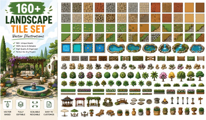 Landscape tile set with 160 vector illustrations, garden map creator elements for game design, outdoor environment assets with trees and water © ya Allah madad