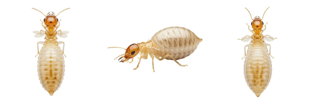 Queen termite pale soft body, Reticulitermes flavipes, Rhinotermitidae family, physogastric reproductive female unpigmented skin cuticle, transparent segment wall fluid expansion view