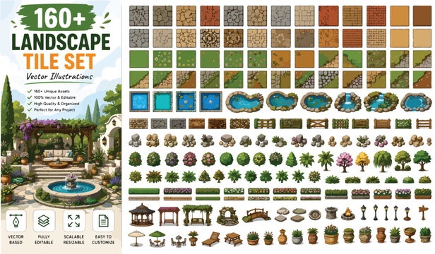 Landscape tile set with 160 vector illustrations, garden map creator elements for game design, outdoor environment assets with trees and water